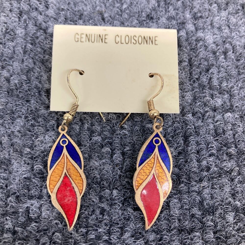 Genuine Cloisonne Dangle Earrings Colorful Enamel Boho Tribal Style Pierced
